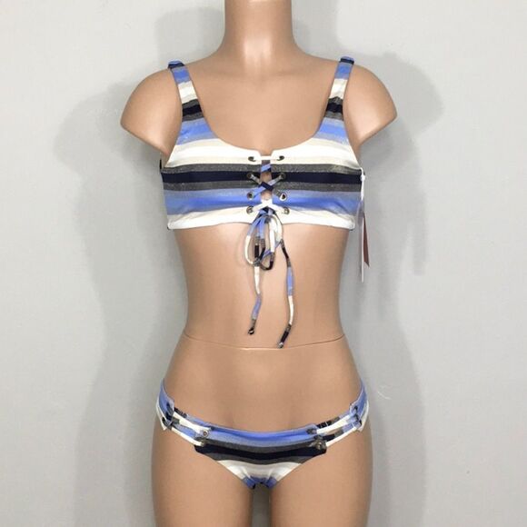 Rare. PILYQ metallic navy, blue, tan, cream stripe lace up bikini. NWT - Picture 2 of 14